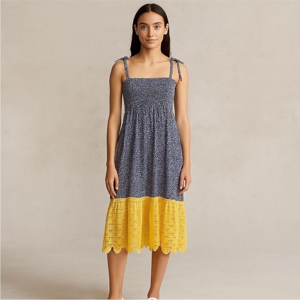 Revolve Michaela Buerger Floral Crochet Trim Midi Swing Dress Blue